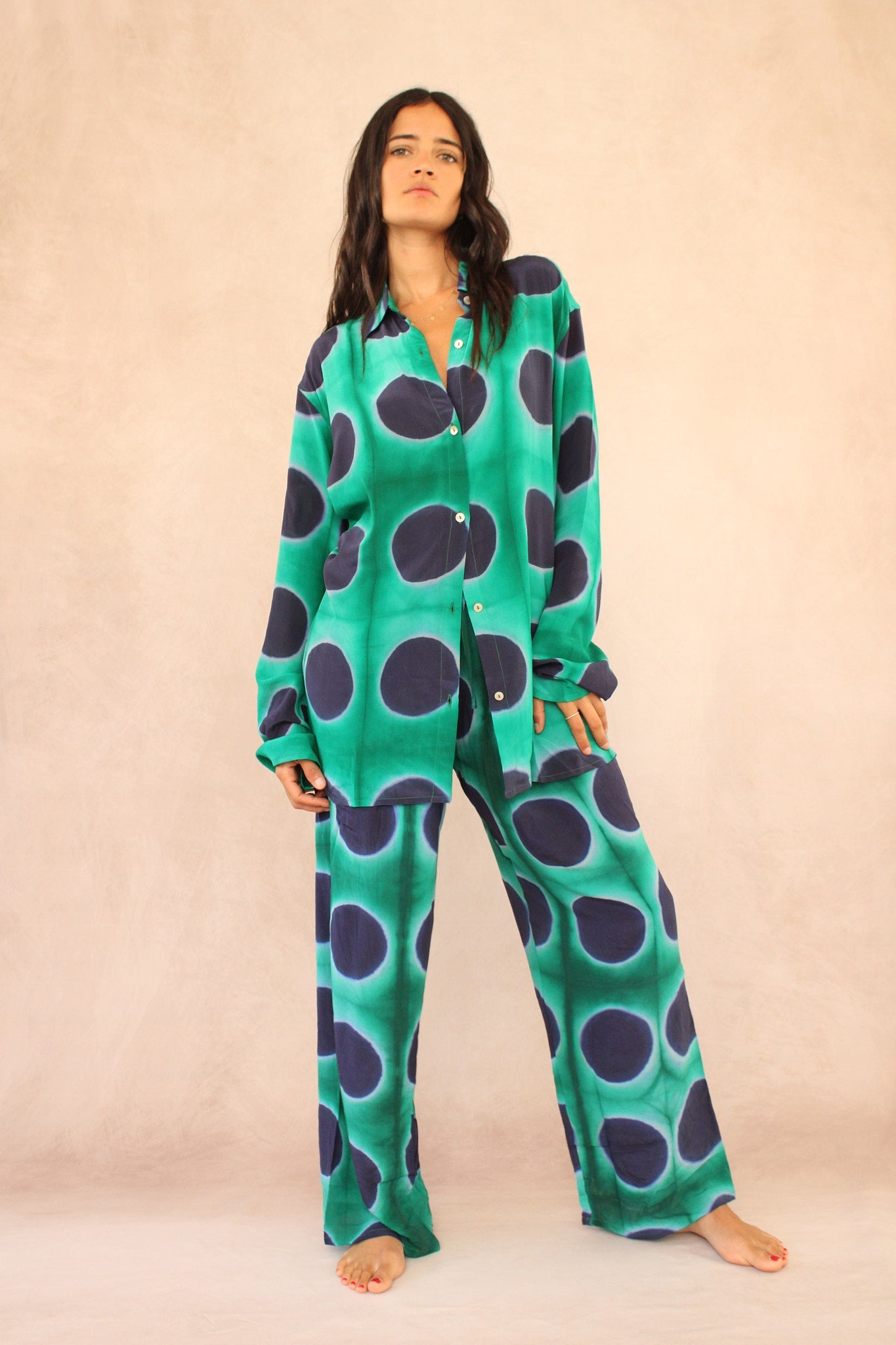 GREEN POLKA DOT SILK SET