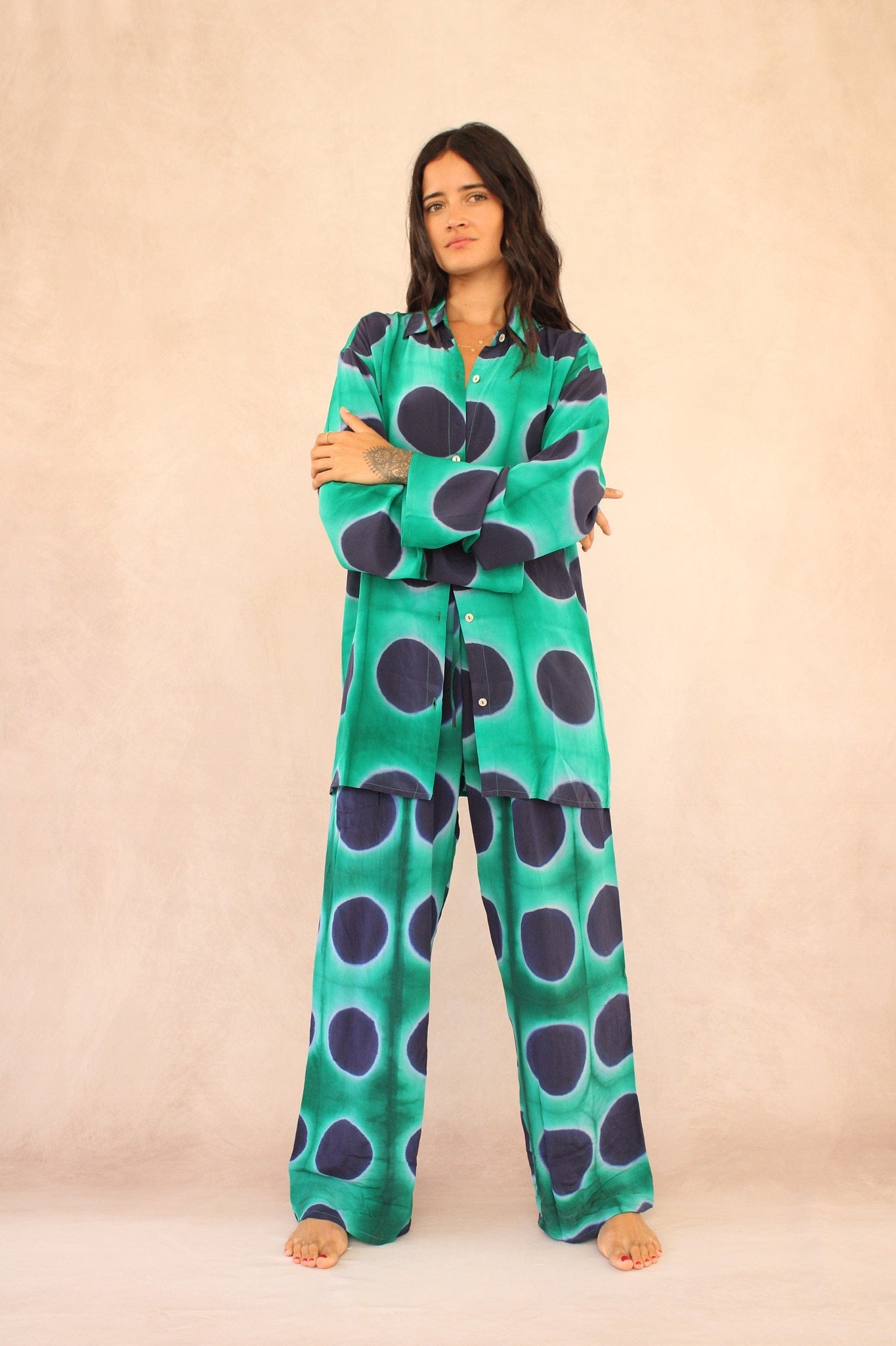 GREEN POLKA DOT SILK SET