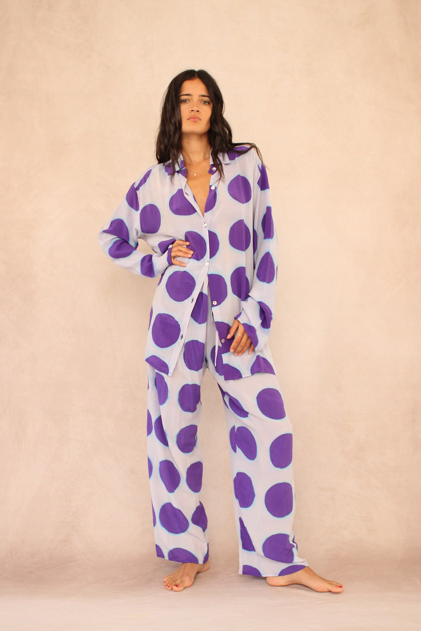 WHITE POLKA DOT SILK SET