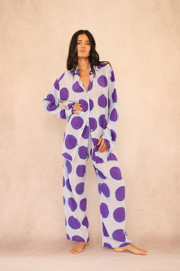 WHITE POLKA DOT SILK SET