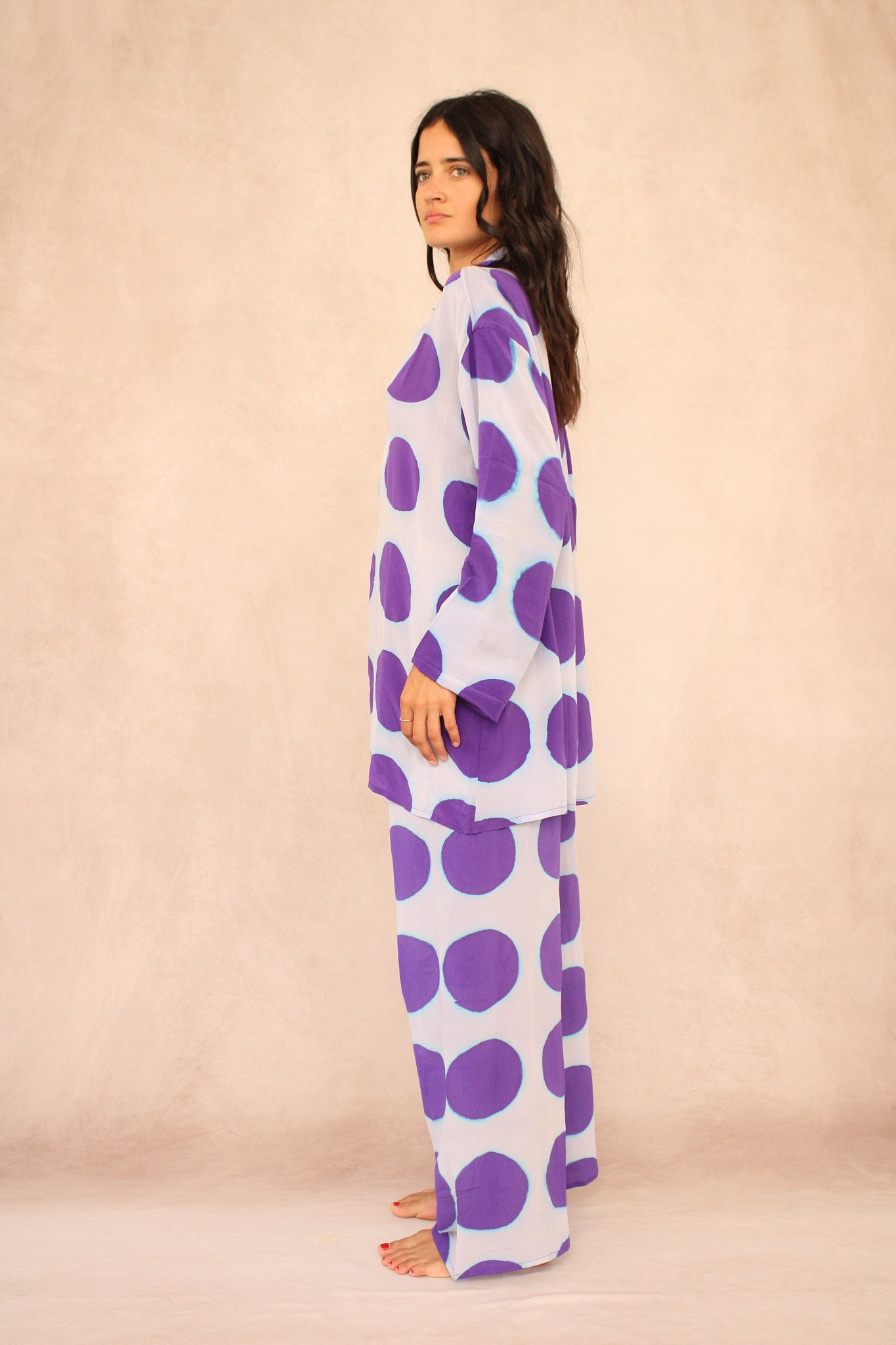 WHITE POLKA DOT SILK SET