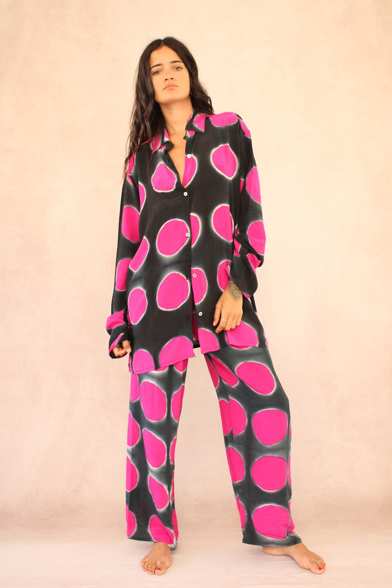 BLACK POLKA DOT SILK SET
